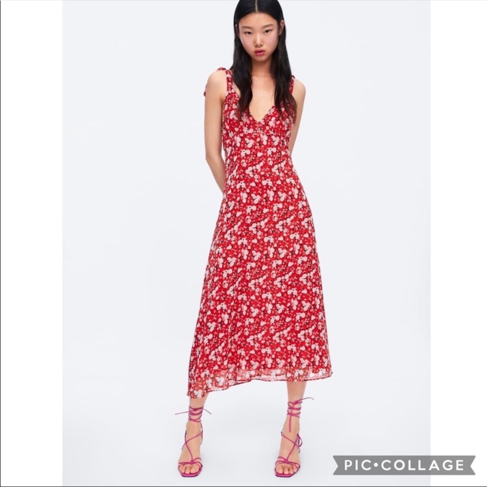 NEW ZARA Floral Tie Shoulder Midi Dress